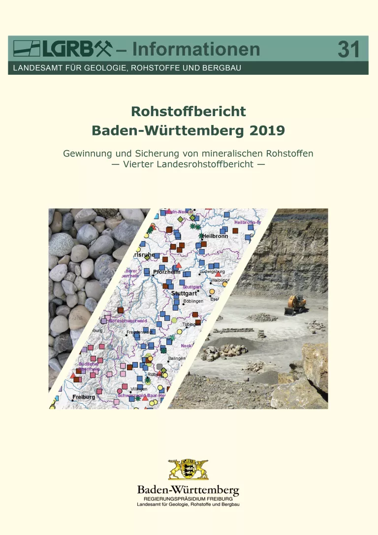 Das Cover des Rohstoffberichts ist hellgelb mit grüner Schrift. In der Mitte des Covers formen drei schräg geschnittene Bilder das quadratische Titelbild. 