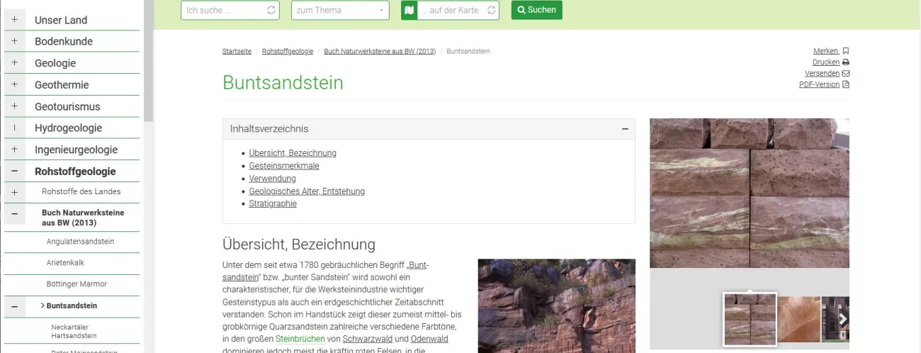Bildschirmausschnitt aus LGRBwissen: Links Themenbaum, Mitte: Unterseite Stubensandstein mit Text, Foto und Grafik